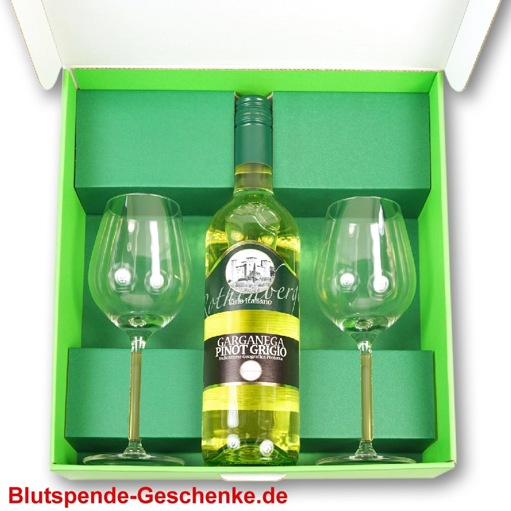 Geschenkset Weißwein mit 2 Weißwein-Gläsern