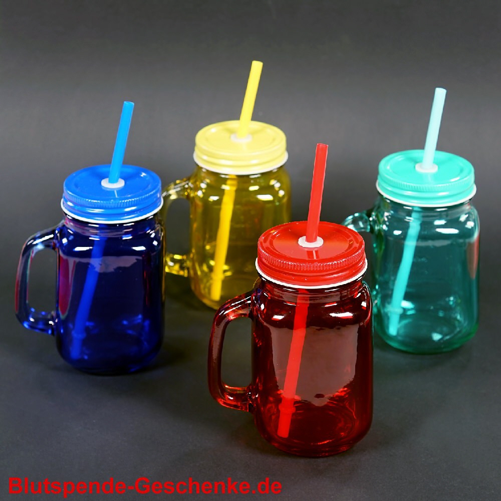 Blutspendegeschenk Trinkglas mit Strohhalm bunt